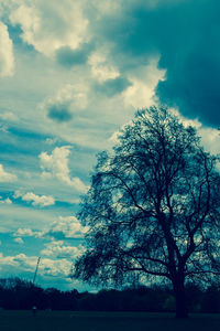 Low angle view of bare tree against cloudy sky