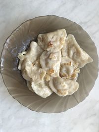 High angle view of ice cream in bowl on table