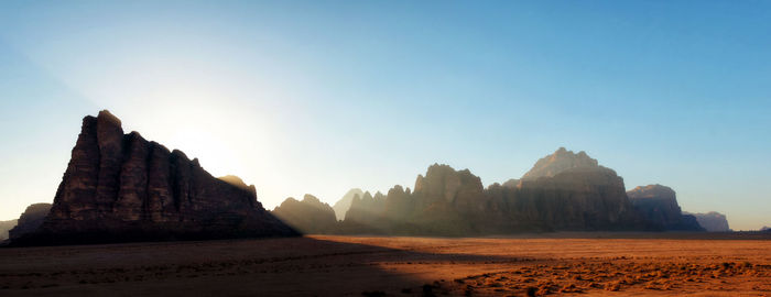 Panoramic view of rock formations on landscape against clear sky