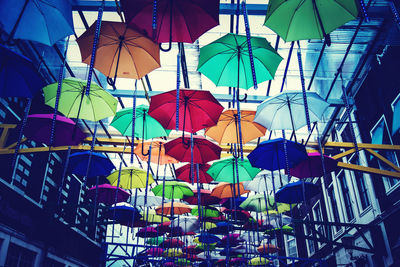 Low angle view of multi colored umbrellas hanging on ceiling