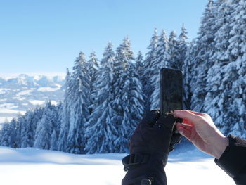 Hands photographing with cellphone on snowed landscape