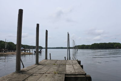 Wooden posts in lake against sky