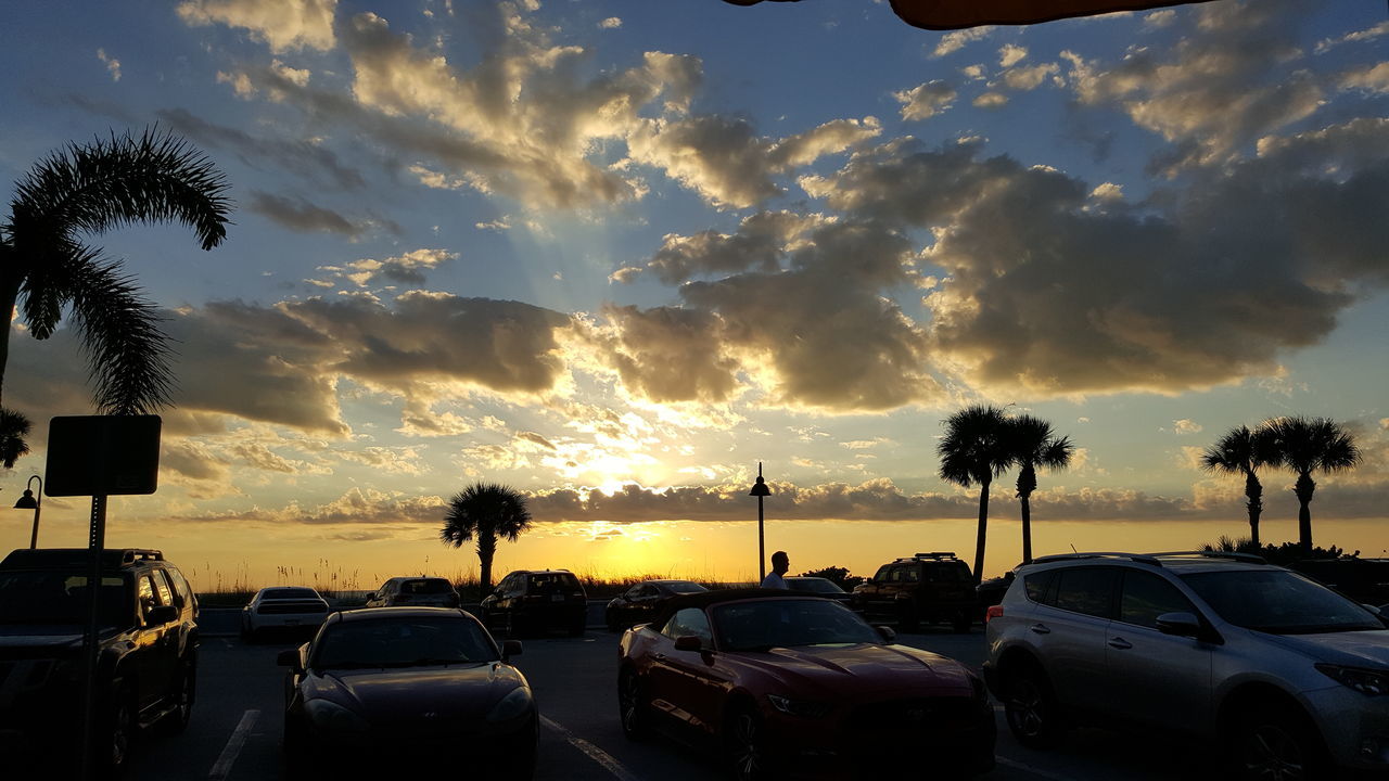 car, sunset, sky, land vehicle, transportation, no people, nature, tree, outdoors, cloud - sky, beauty in nature, palm tree, day