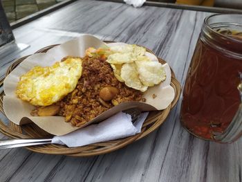 High angle view of food in plate on table