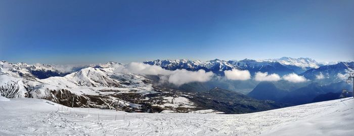 Scenic view of snowcapped mountains against sky