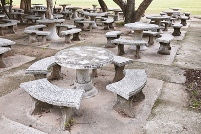 High angle view of empty chairs and table on field