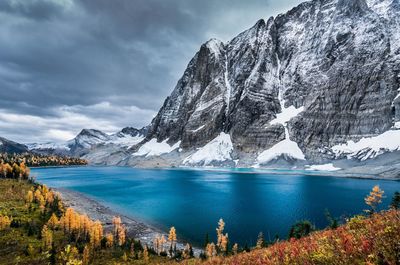 Scenic view of lake by snowcapped mountains against sky