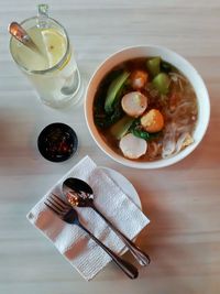 High angle view of food served on table