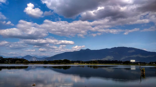 Scenic view of lake and mountains against sky