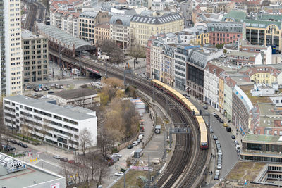 High angle view of street amidst buildings in city