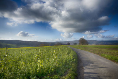 Empty road amidst field against sky