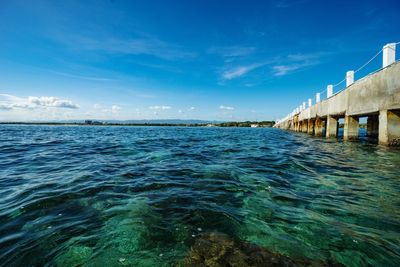 Scenic view of sea against blue sky