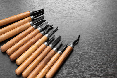 High angle view of pencils on table