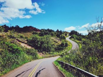 Scenic view of road amidst trees against blue sky