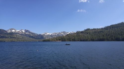 Scenic view of lake and mountains against blue sky