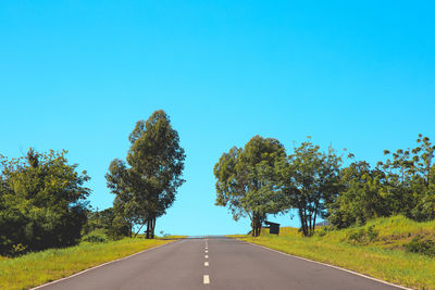 Road amidst trees against clear blue sky