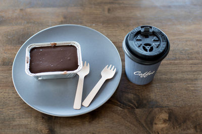 High angle view of chocolate cake on table