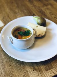 High angle view of soup in bowl on table