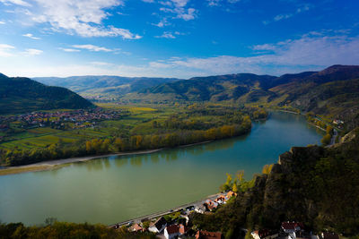 Scenic view of lake by mountains against sky