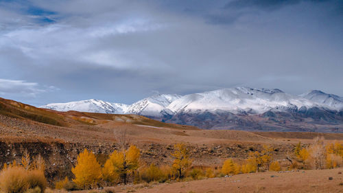 Scenic view of snowcapped mountains against sky