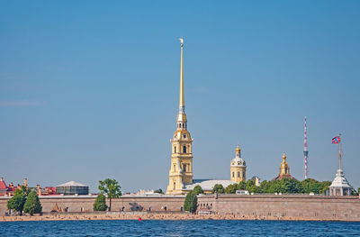 View of historic building against clear blue sky