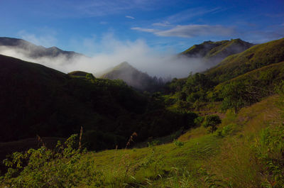 Scenic view of mountains against cloudy sky