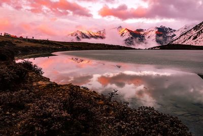 Scenic view of lake against sky during sunset