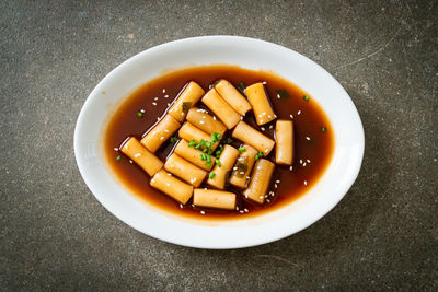 High angle view of soup in bowl on table