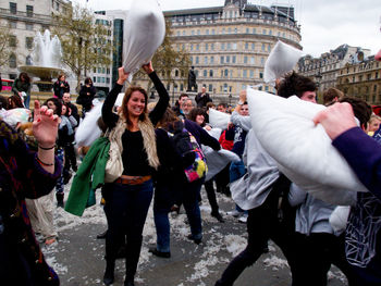 Pillow fight on street