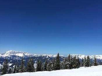 Snow covered landscape against clear blue sky