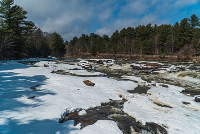 Scenic view of snow covered rocks against sky