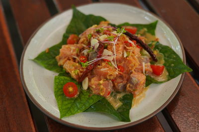 High angle view of salad in plate on table