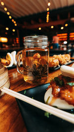 Close-up of serving food in plate on table