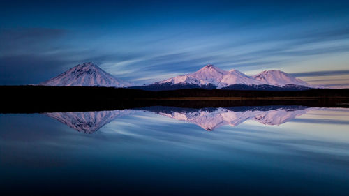 Scenic view of lake and mountains against blue sky