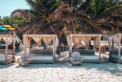 Empty beach beds with wooden chairs on sand at beautiful beach resort