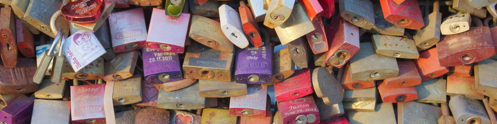 Full frame shot of padlocks hanging on metal