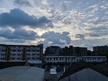 High angle view of buildings against sky