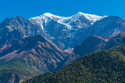 Scenic view of mountains against clear blue sky