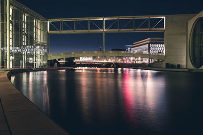 River by buildings in city at night