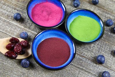 High angle view of various fruits in bowl on table