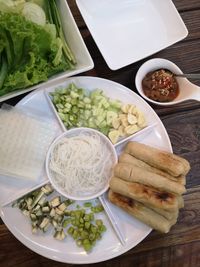 High angle view of meal served on table