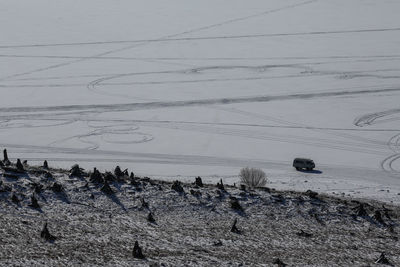 High angle view of frozen lake