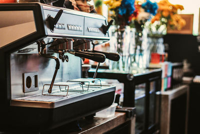 High angle view of coffee cups on table in cafe