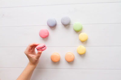 Close-up high angle view of macaroons