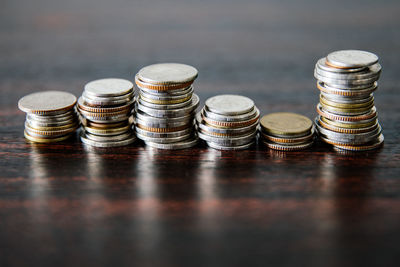 Close-up of coins on table