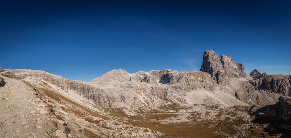 Awesome dolomitic panorama of tre scarperi and torre toblin peaks, south tyrol, italy