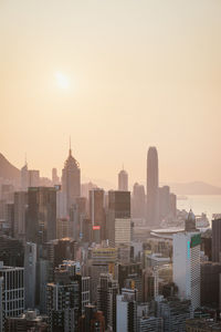 Buildings in city against sky during sunset