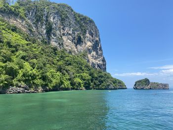 Scenic view of bay against clear sky