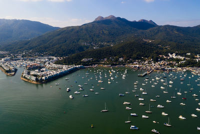 High angle view of cityscape and mountains