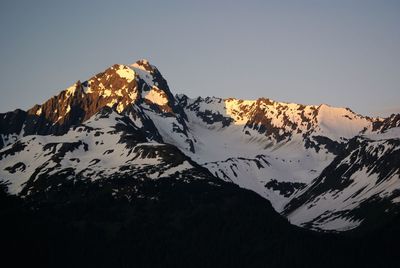 Scenic view of snowcapped mountains against clear sky